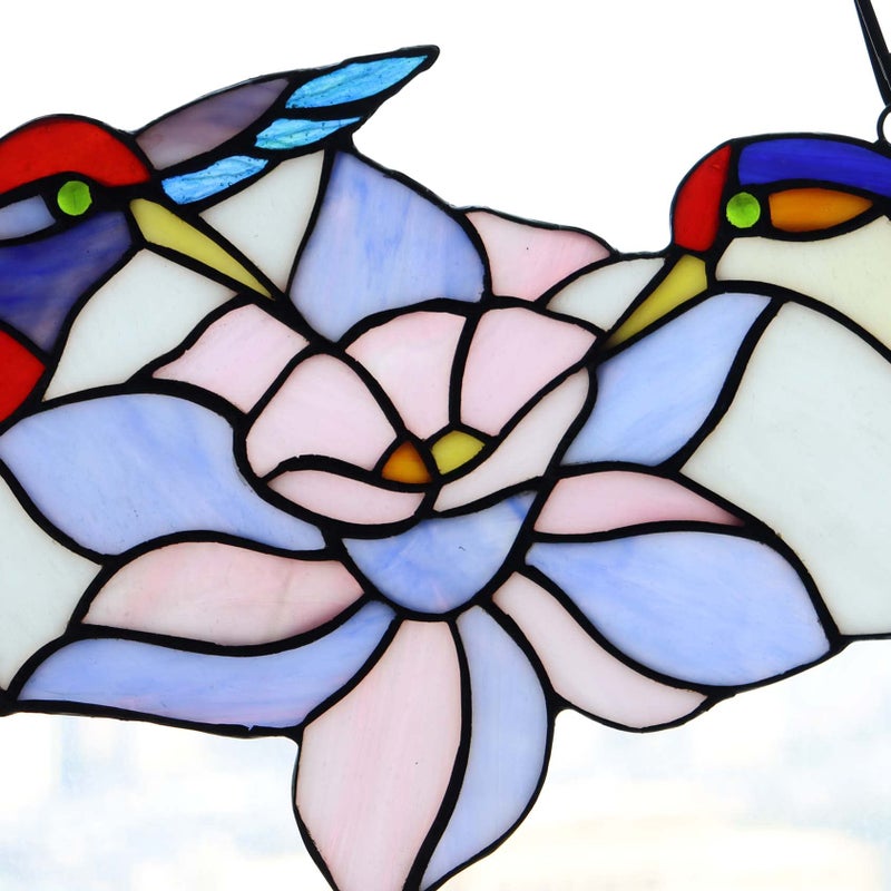 Bieye W10015 Hummingbird Flower Tiffany Style Stained Glass Window Panel Hangings with Chain, Blue, 18" Wide x 9" Tall - Image 5